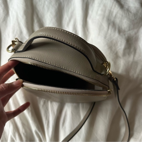 Round Leather Purse | Taupe Leather with Gold Hardware Crossbody Purse - Picture 2 of 5